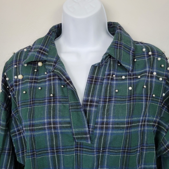 Kontrol Contemporary Small Green & Navy Plaid Long Sleeve Shirt Pearl Studs - Picture 2 of 9